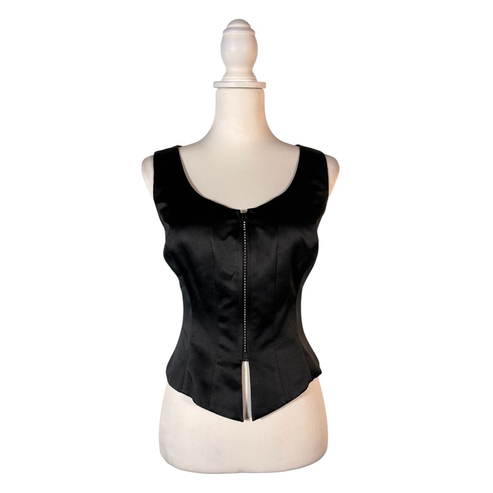 90s Black Rhinestone Zip Sleeveless Top Women's M Witchy Goth Diva Glam‎ V-Neck